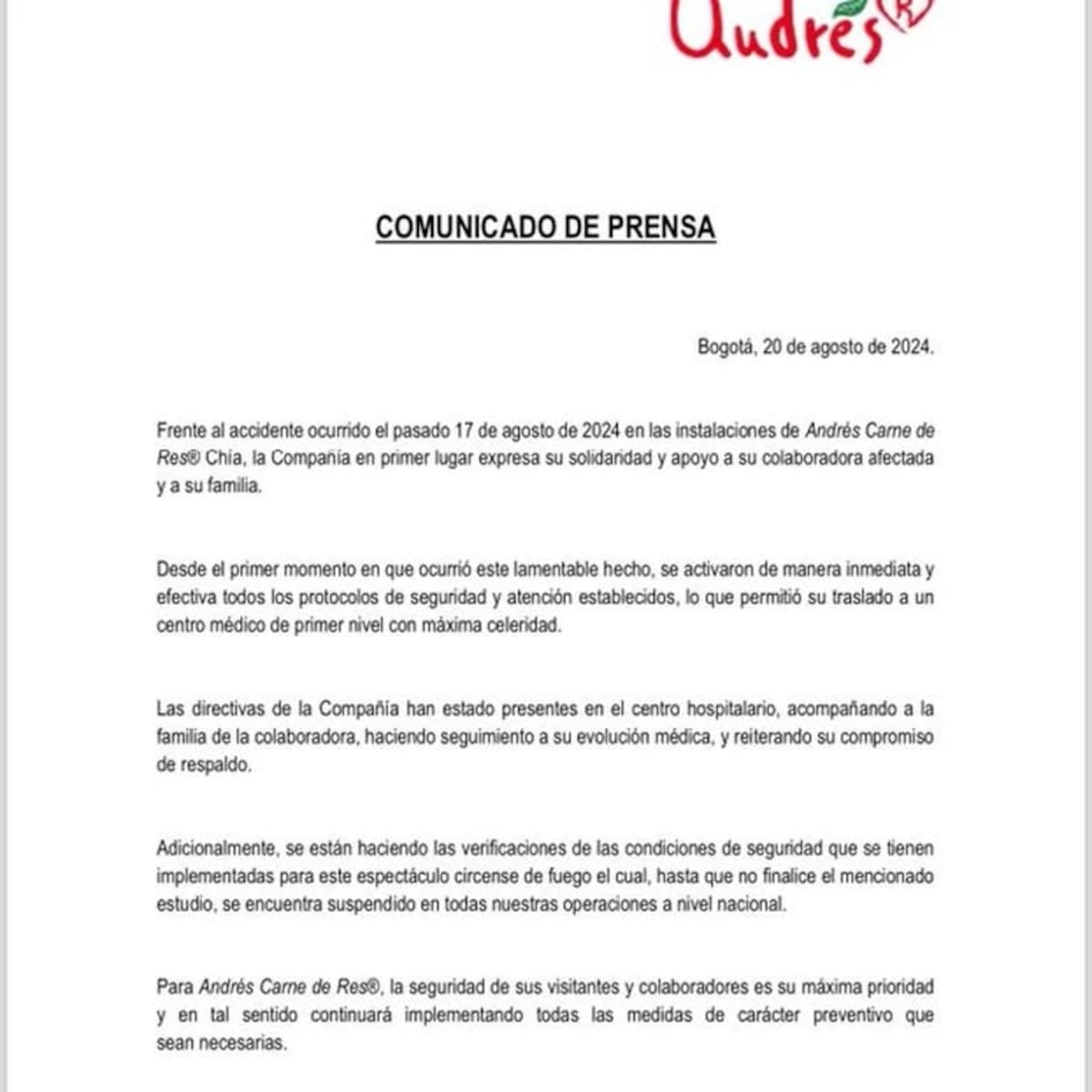 Comunicado del Restaurante Andrés Carne de Res.