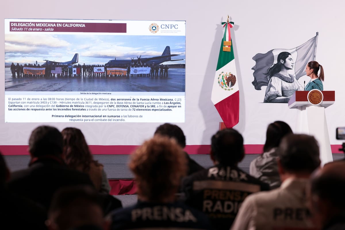 Laura Velázquez, titular de Protección Civil del gobierno federal informa sobre ayuda de México en incendios de Los Ángeles, California. | Crédito: Presidencia