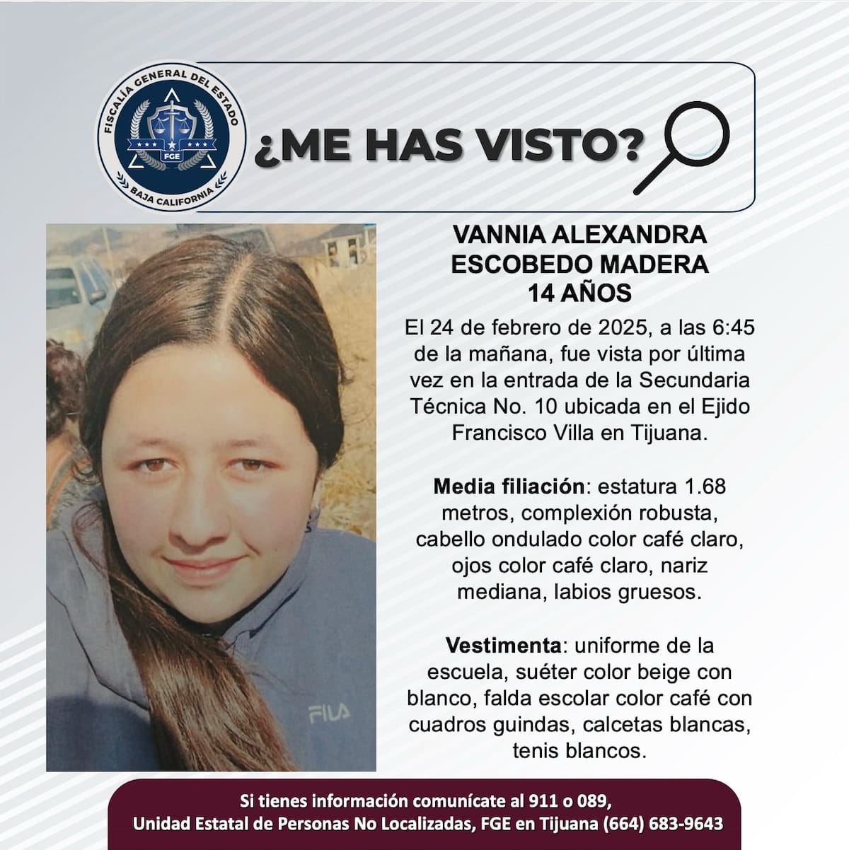 Vannia Alexandra Escobedo Madera fue vista por última vez el 24 de febrero de 2025.