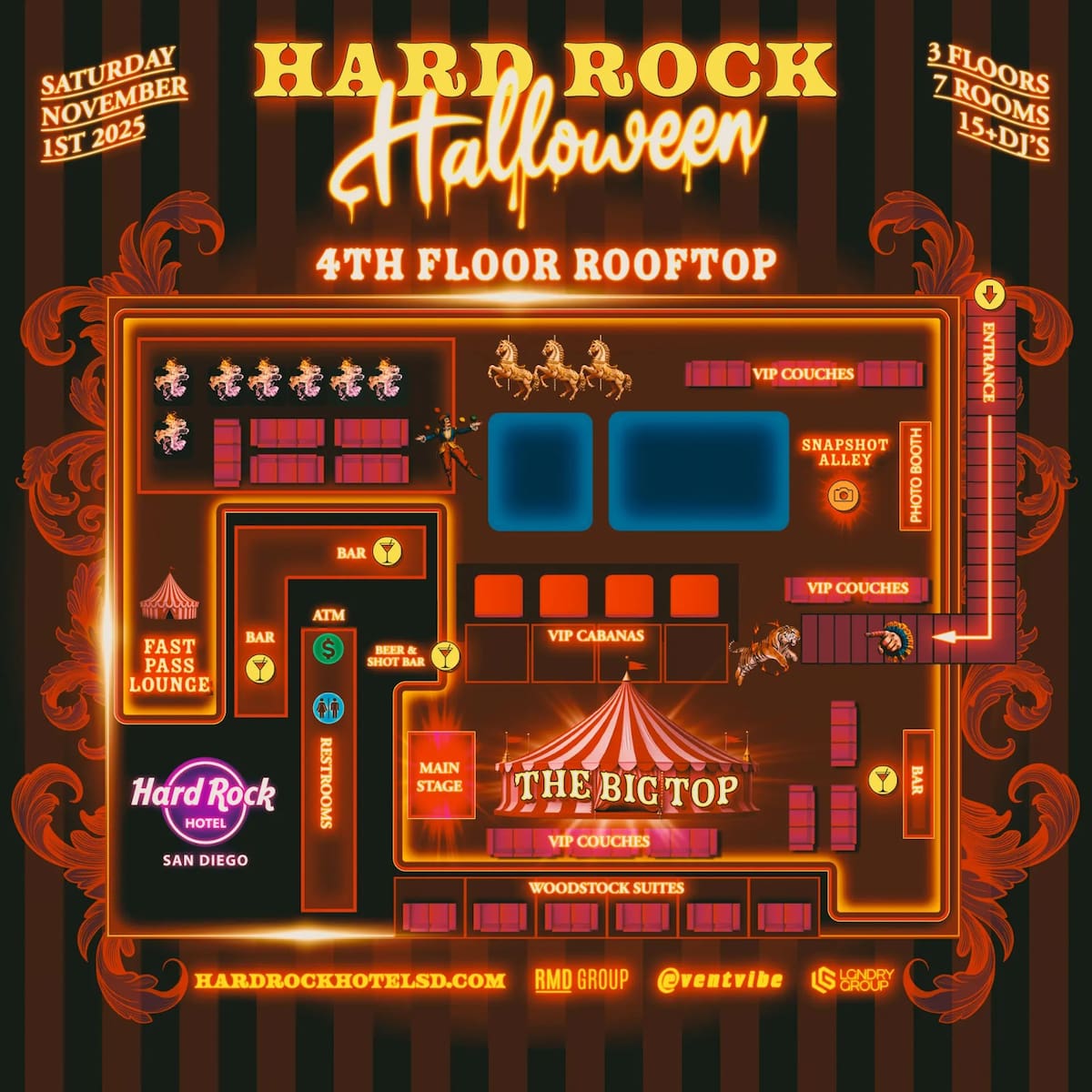 Prometen una noche surrealista de misterio, música y espectáculo  lo largo de múltiples niveles, tres pisos de entretenimiento, y siete áreas temáticas. Foto: Cortesía