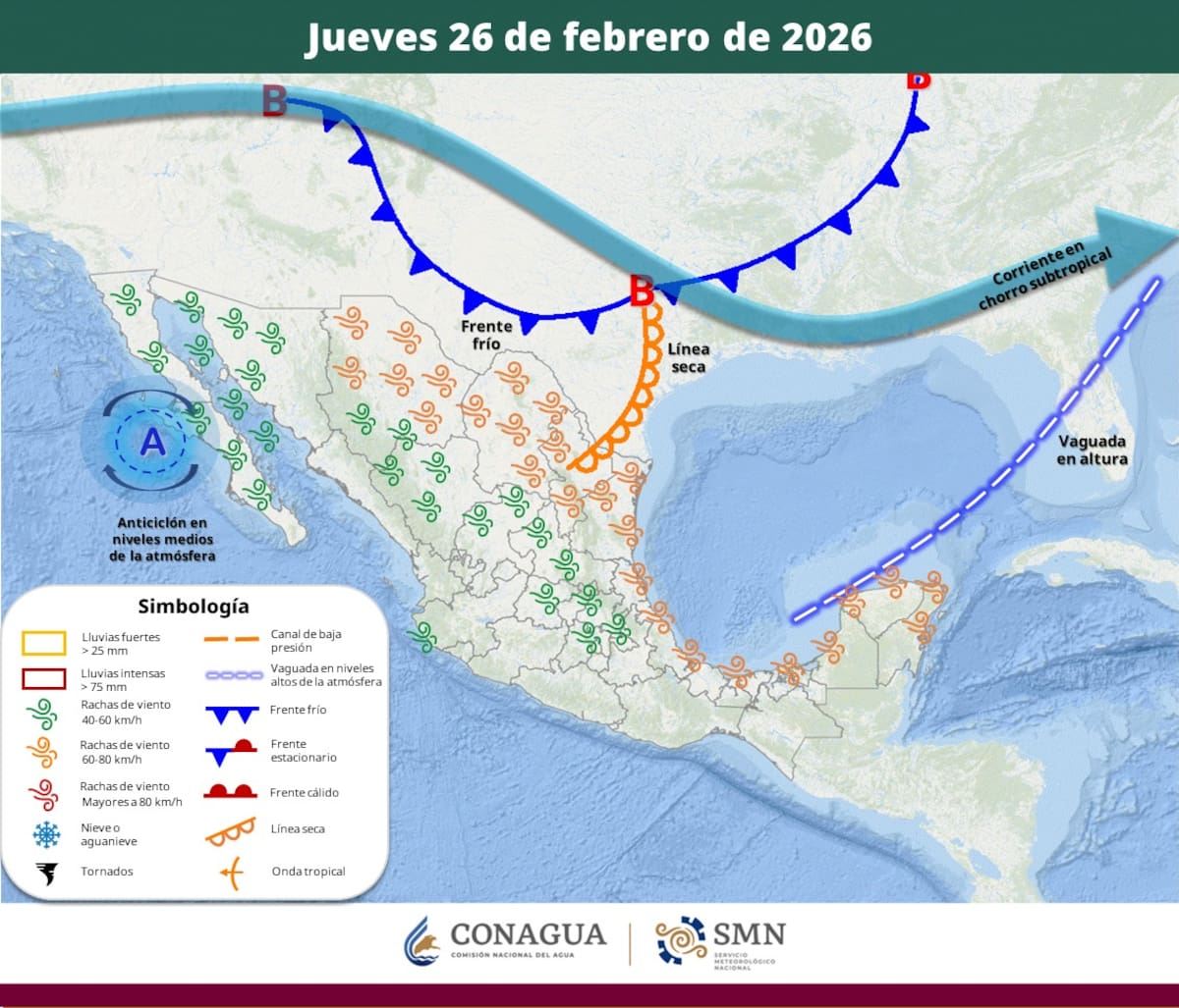 Pronóstico del clima para el jueves 26 de febrero del 2026. | Crédito: SMN