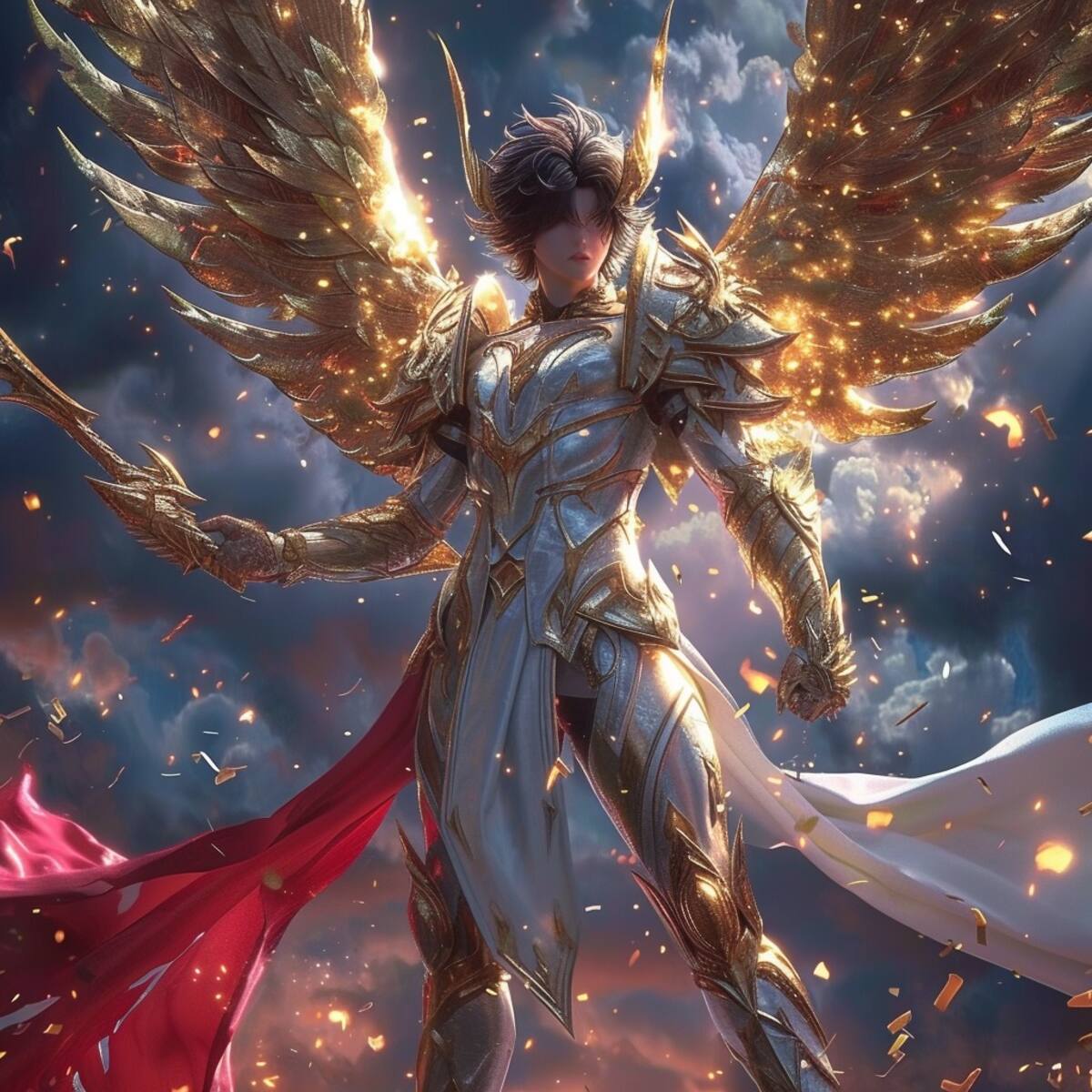 Seiya de Pegaso destaca con sus habilidades características: Meteoro, Puño Cometa y Choque Giratorio, en esta representación digital.