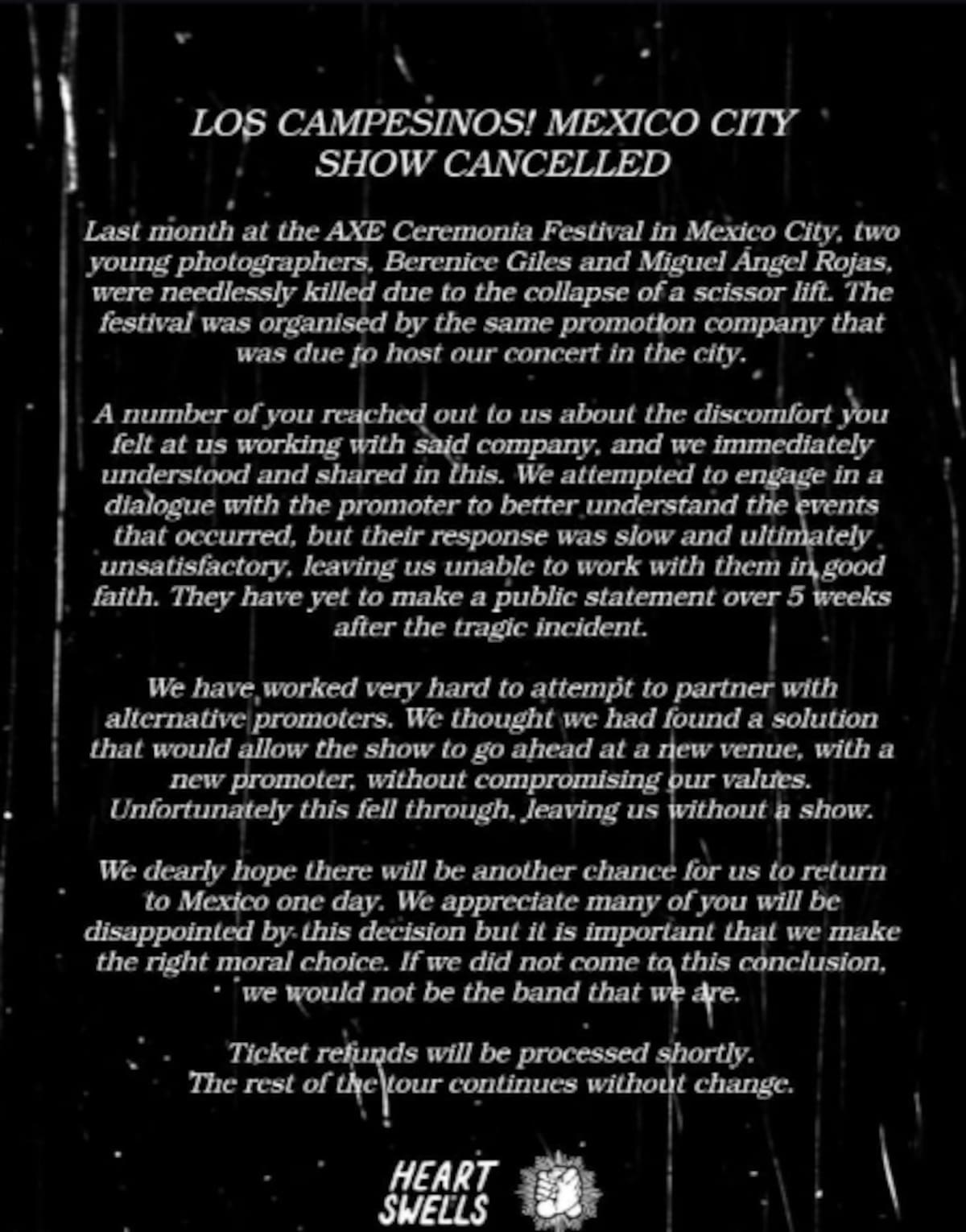 Cancelan Los Campesinos su show en CDMX | X (@mehaceruido)