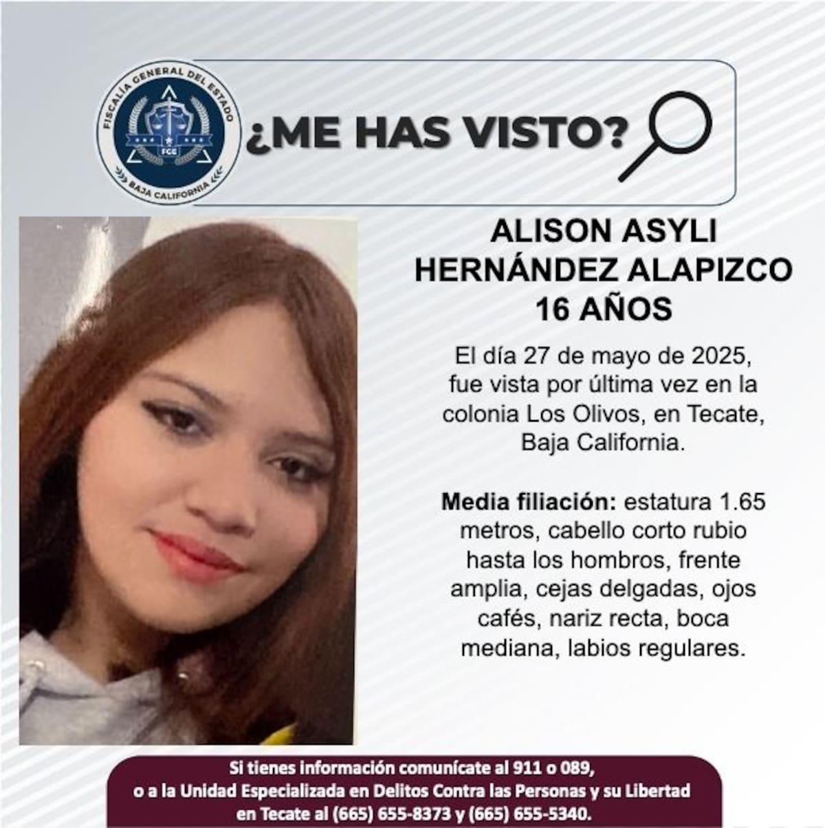 Alison Asyli Hernández Alapizco fue vista por última vez el 27 de mayo de 2025.