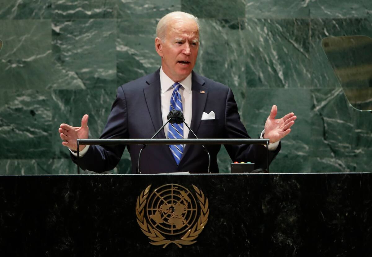 El presidente estadounidense Joe Biden habla en la 76ta sesión de la Asamblea General de las Naciones Unidas en la sede de la ONU en Nueva York, martes 21 de setiembre de 2021. (Eduardo Muñoz/Pool Photo via AP)