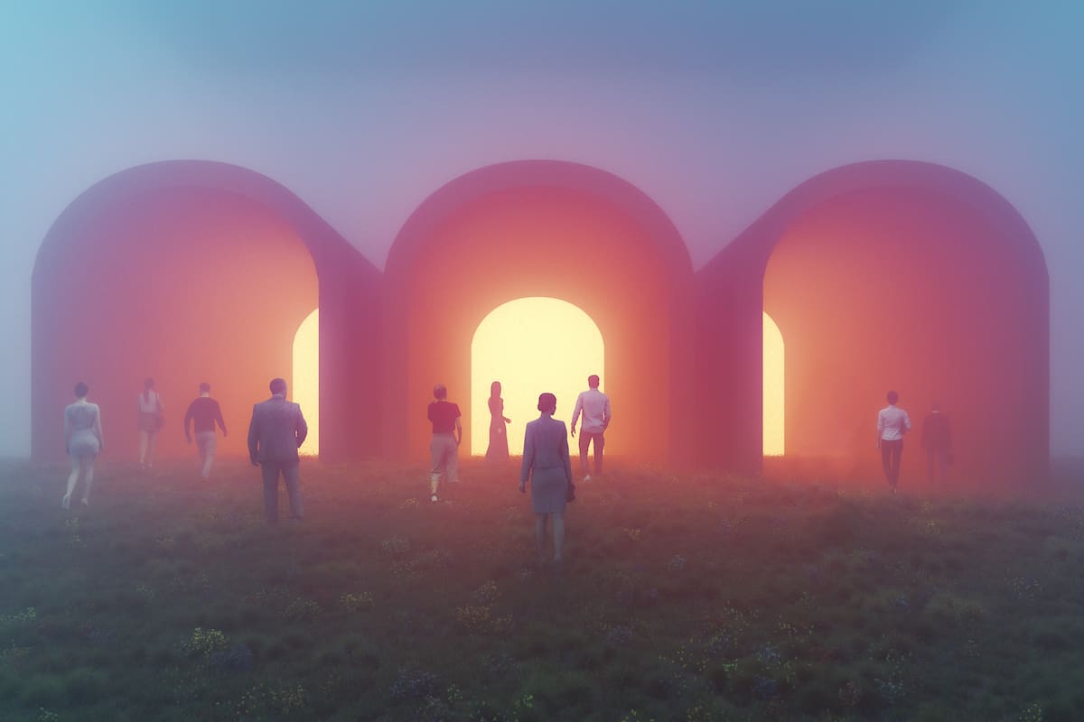 People walking towards mysterious tunnels. This is entirely 3D generated image.