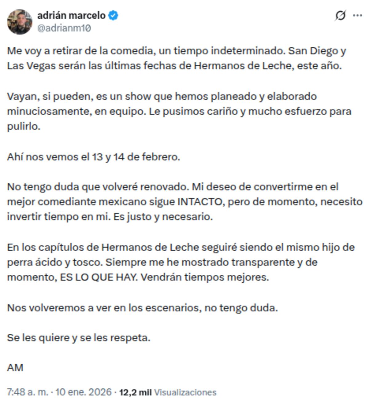Adrián Marcelo anuncia retiro indefinido de la comedia | Captura de pantalla X (@adrianm10)