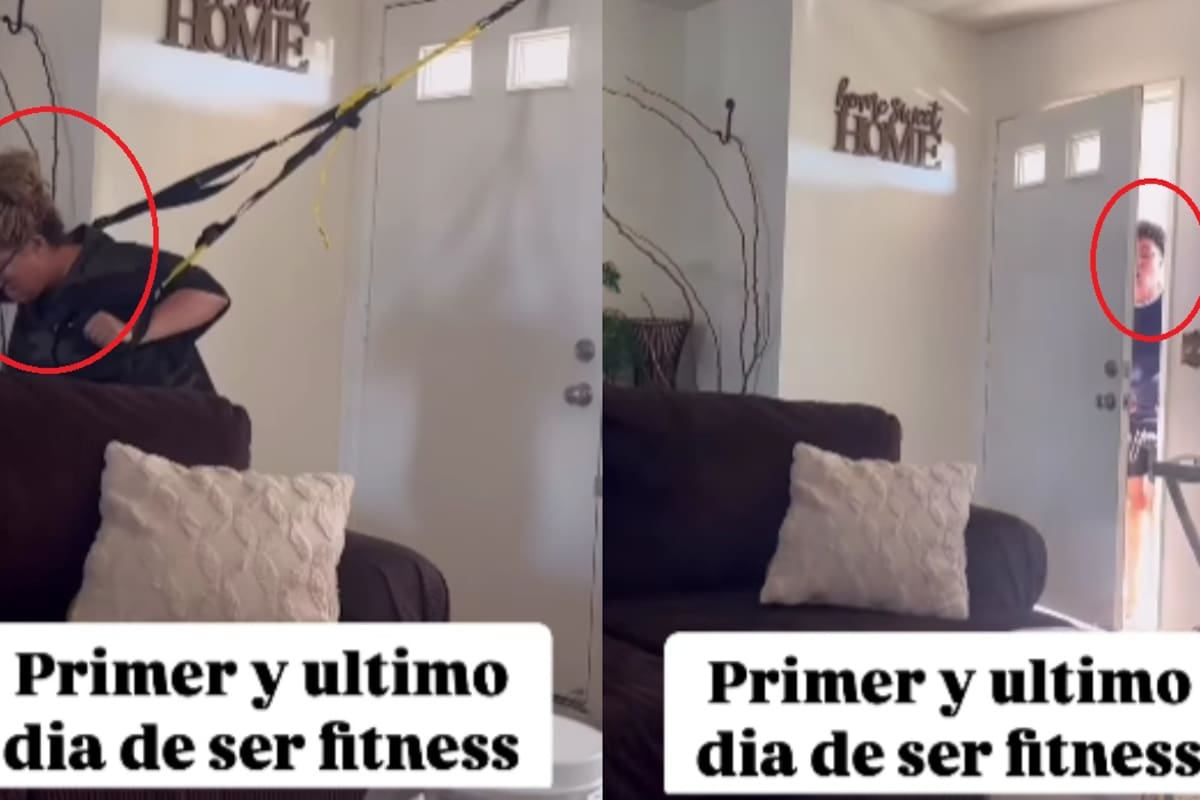 Quería ejercitar los brazos y terminó en el suelo: su hijo soltó la liga y el golpe se volvió viral