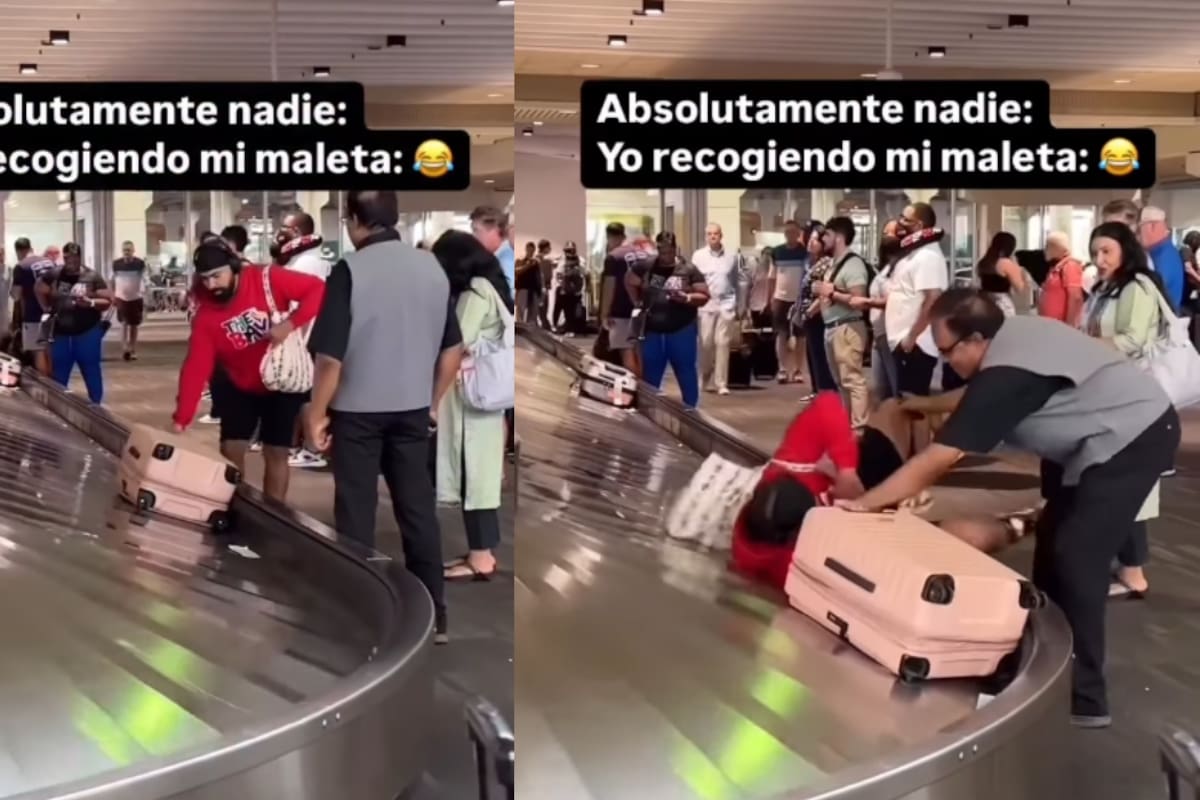 Hombre intenta tomar su maleta en el aeropuerto y termina cayendo dentro de la banda de equipaje