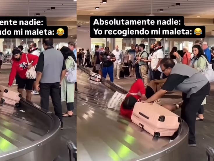 Hombre intenta tomar su maleta en el aeropuerto y termina cayendo dentro de la banda de equipaje