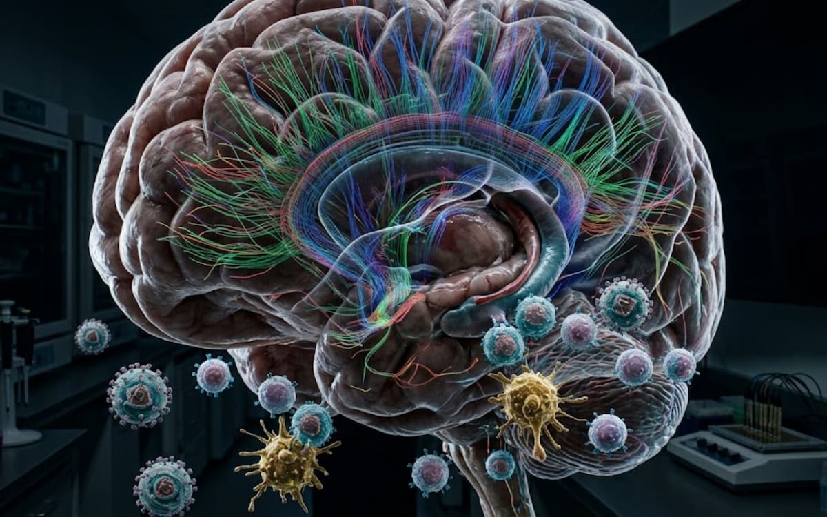 Cerebro y herpesvirus en escala microscópica.