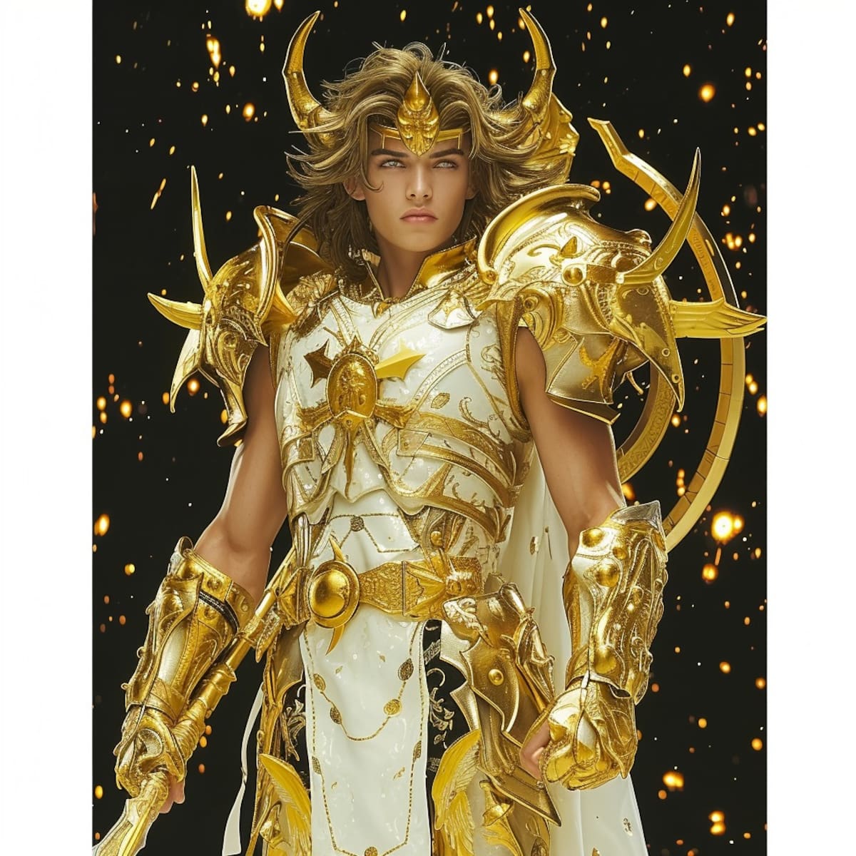 La mirada rebelde de Dohko resalta en esta representación, donde la inteligencia artificial le atribuye un cabello rubio y un cetro dorado.