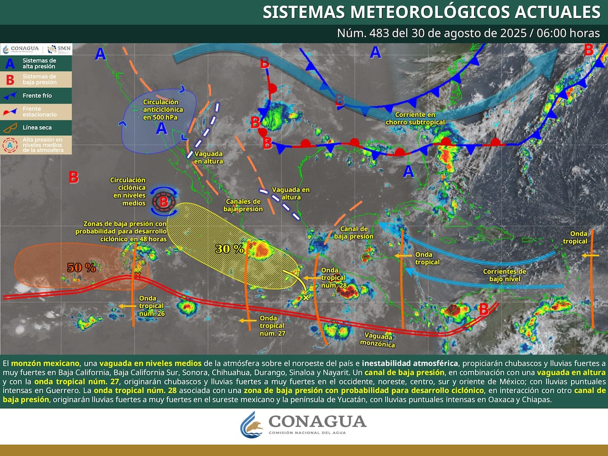 Imagen de los sistemas meteorológicos actualmente activos en México.