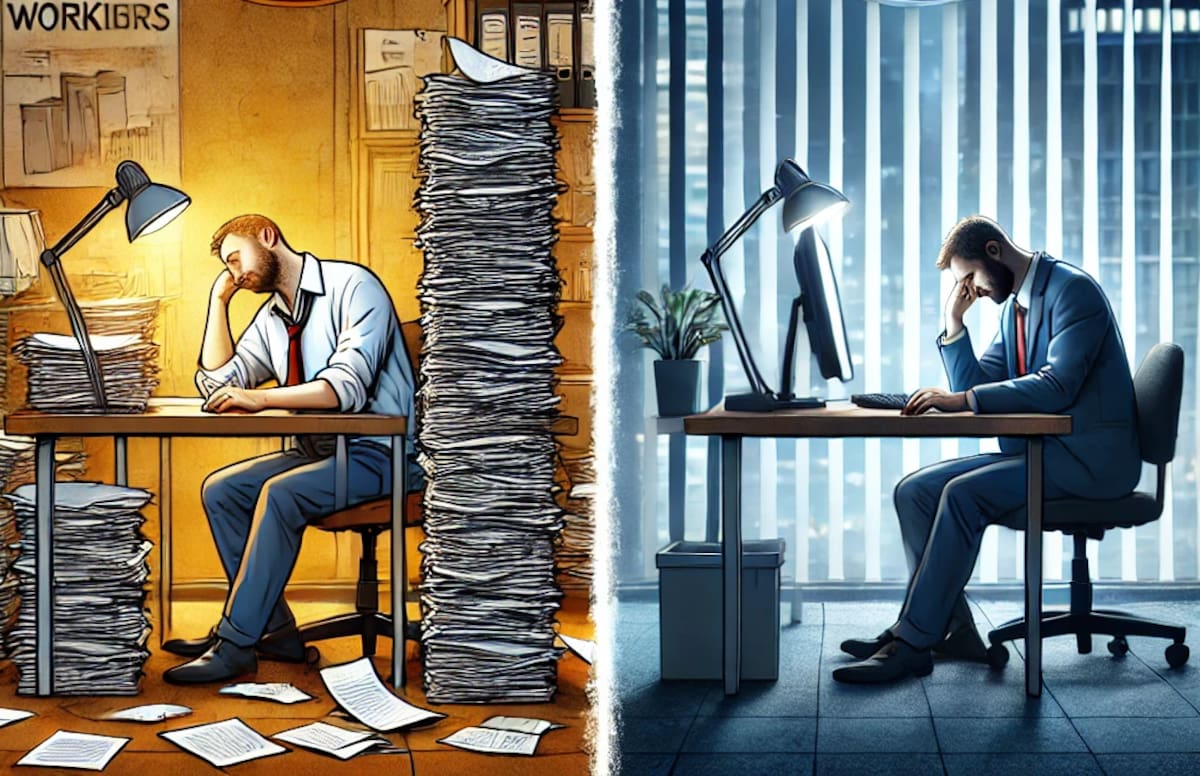Las largas jornadas de trabajo afectan a los trabajadores tanto física como mentalmente. / Imagen ilustrativa hecha con IA (Chatgpt).