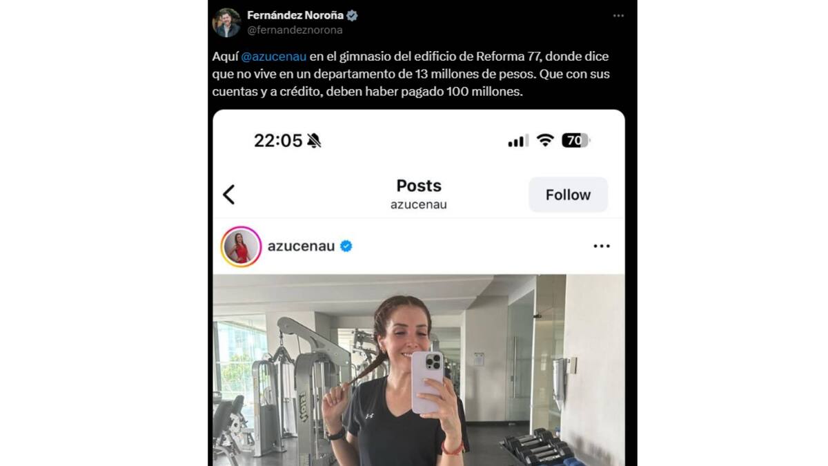 El senador Fernández Noroña compartió una foto de la periodista en el área de un gimnasio y asegura en su publicación que es del edificio donde ella actualmente reside. Foto: Capture.