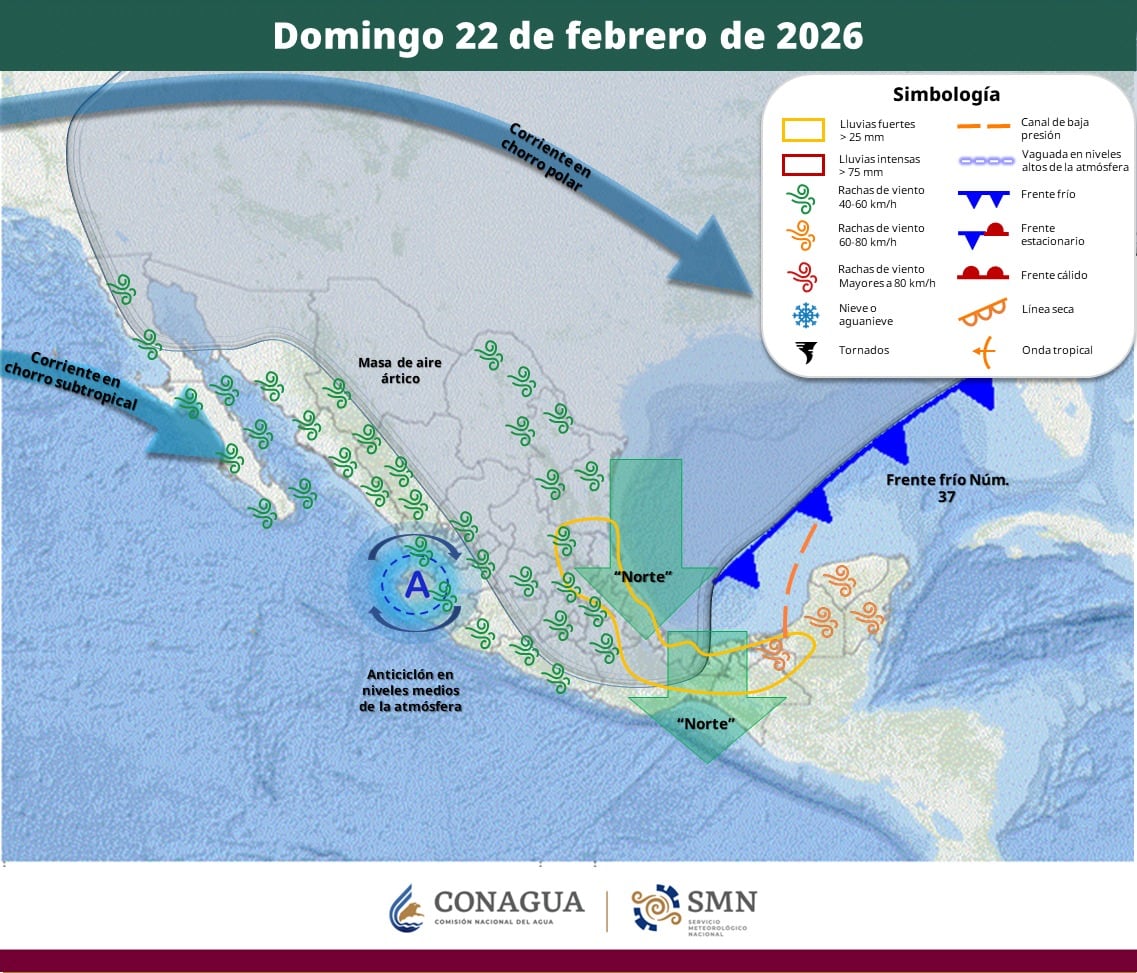 Pronóstico del clima para el domingo 22 de febrero del 2026. | Crédito: SMN