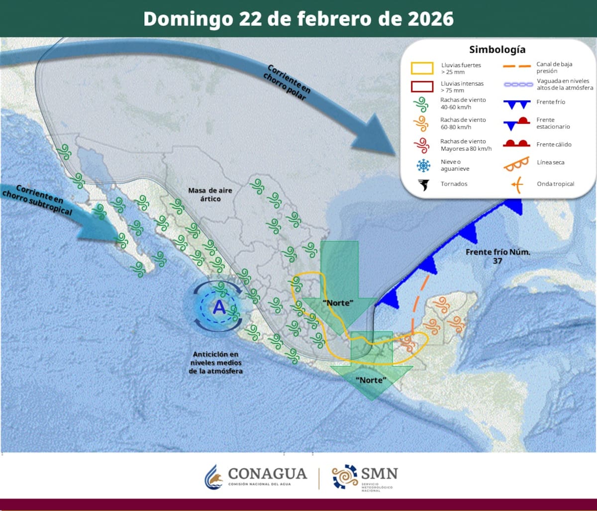 Pronóstico del clima para el domingo 22 de febrero del 2026. | Crédito: SMN