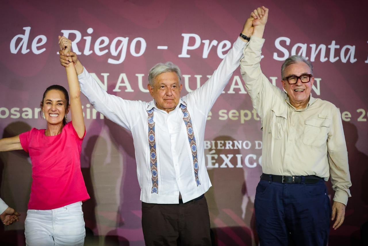 Fotografía de archivo de la presidenta Claudia Sheinbaum Pardo, el expresidente Andrés Manuel López Obrador y el gobernador de Sinaloa, Rubén Rocha Moya. | Crédito: X @rochamoya_