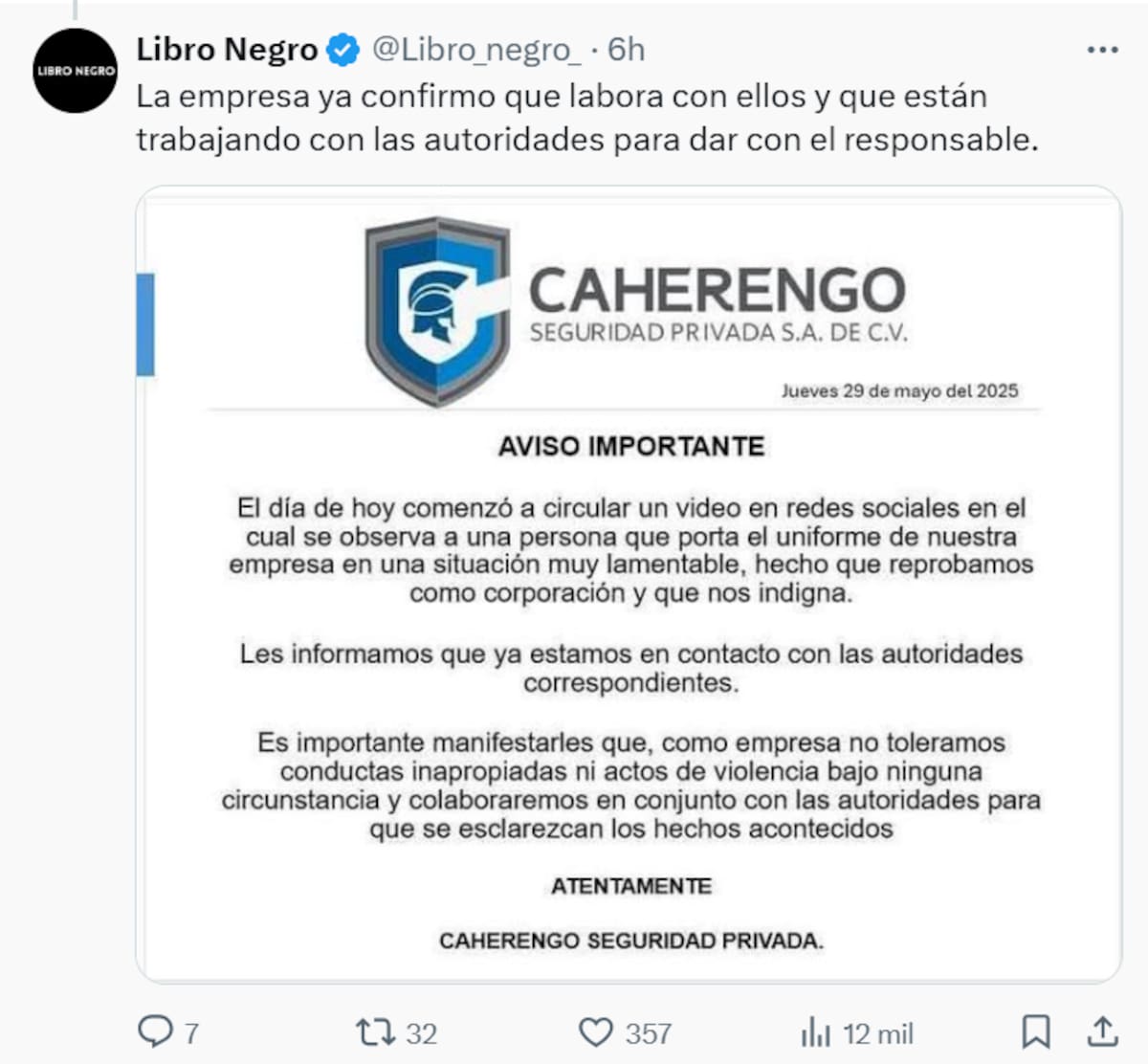 Caherengo empresa del agresor del conductor de camión que quedó en coma por un botellazo, ya coopera con las autoridades.