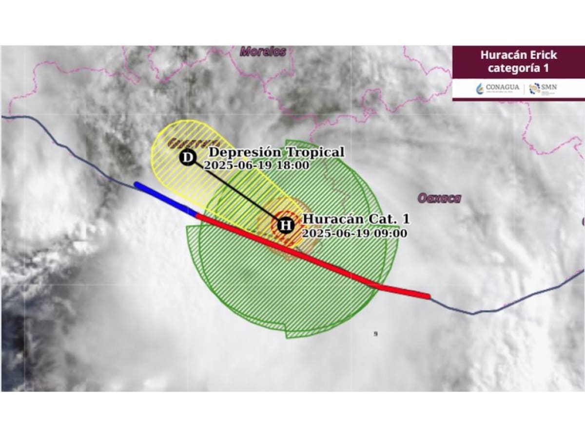 El SMN anticipa que Erick se degradará a Depresión Tropical a las 18:00 horas de este jueves 19 de junio del 2025. | Crédito: SMN (Conagua)