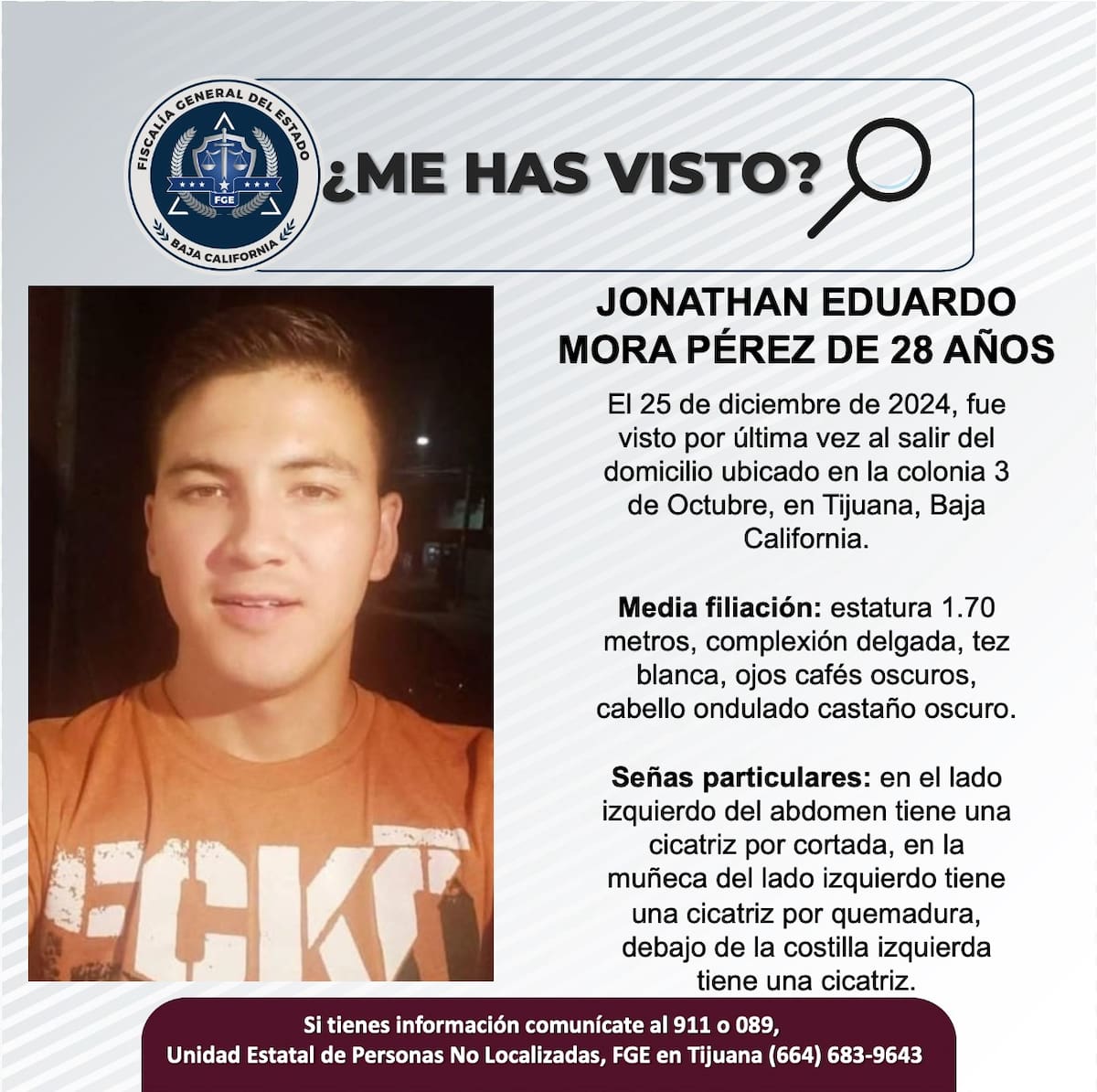Jonathan Eduardo Mora Pérez fue visto por última vez el 25 de diciembre de 2024.