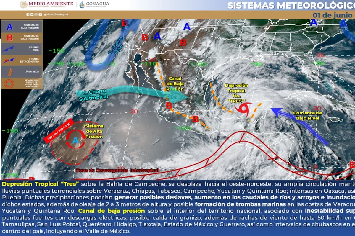 Depresión Tropical Tres: Durante la noche de hoy se prevén lluvias torrenciales en Campeche, Chiapas, Quintana Roo, Tabasco, Veracruz y Yucatán