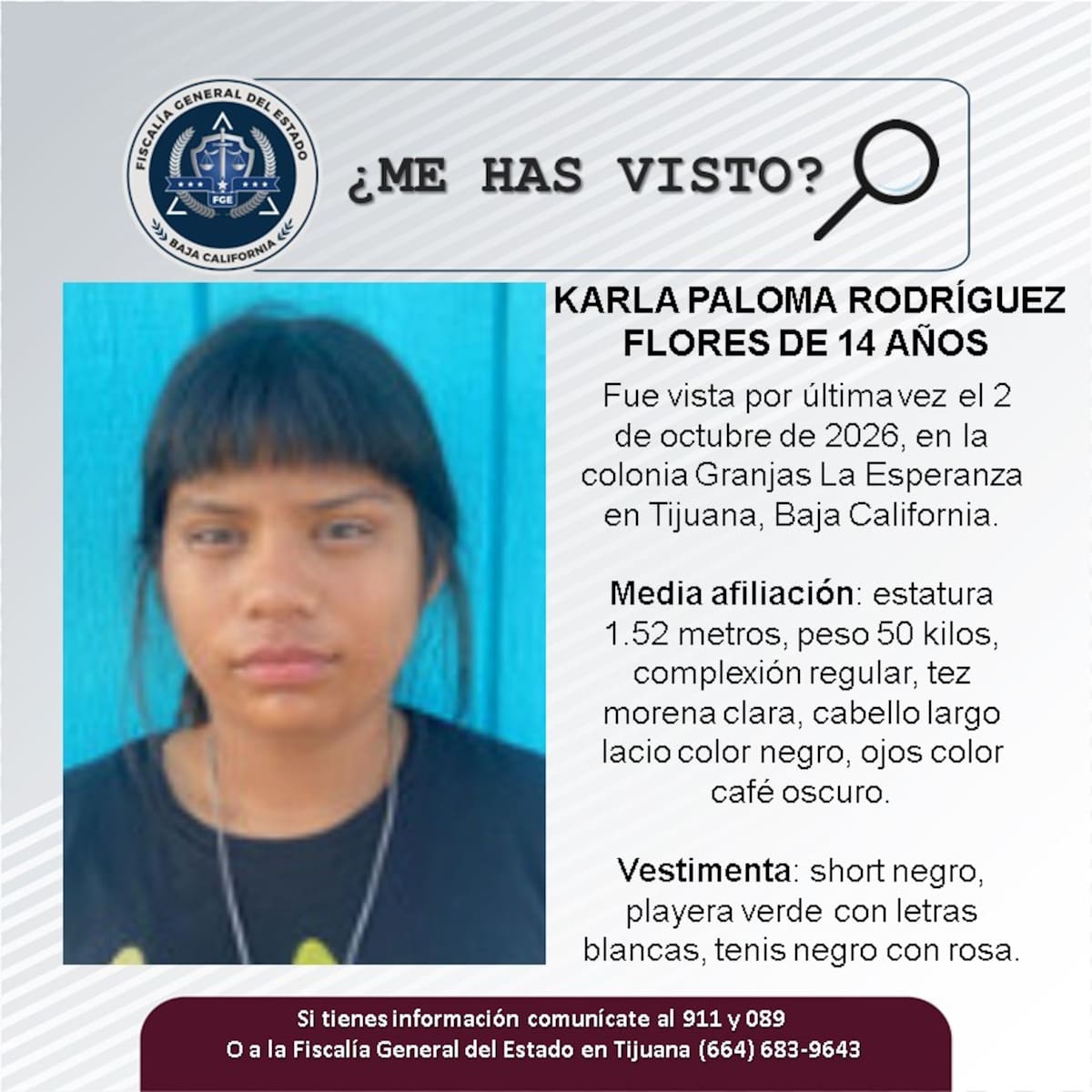 Karla Paloma Rodríguez Flores fue vista por última vez el 2 de octubre en la colonia Granjas La Esperanza, en Tijuana. Foto: Cortesía