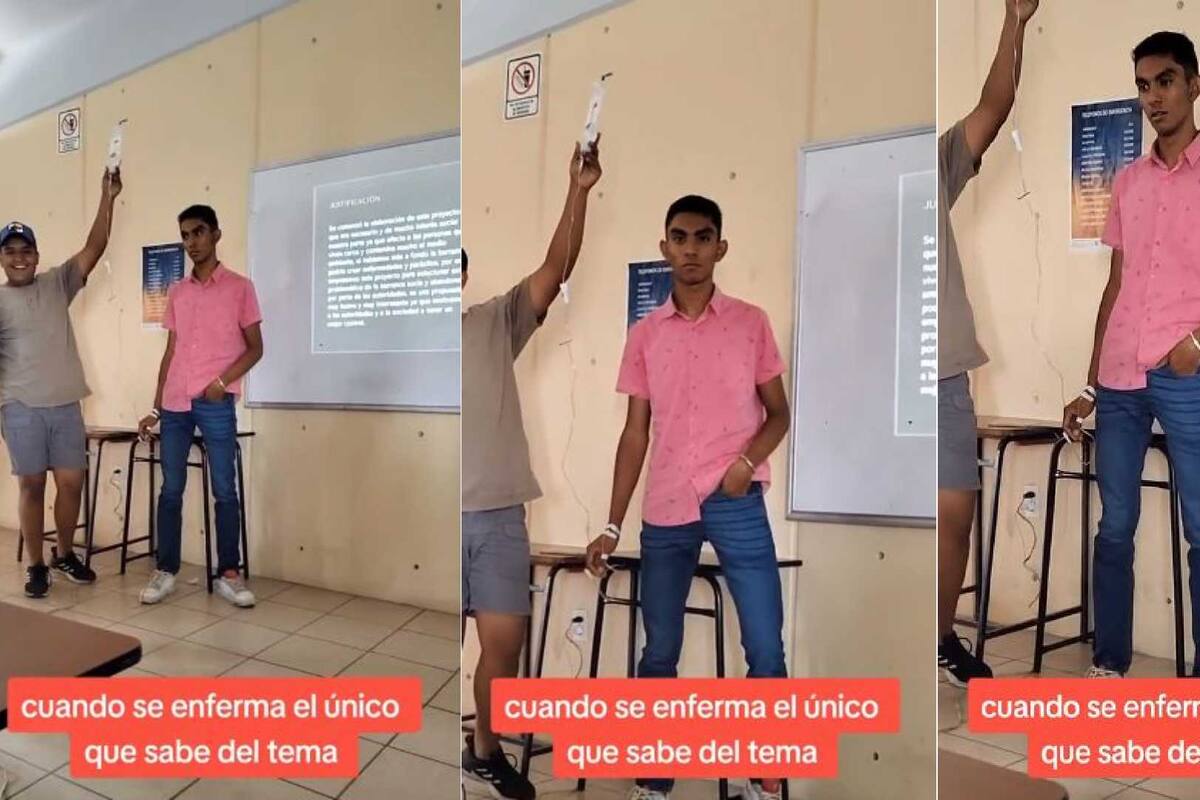 ¿El más responsable? Estudiante asiste a exposición con todo y suero en la mano