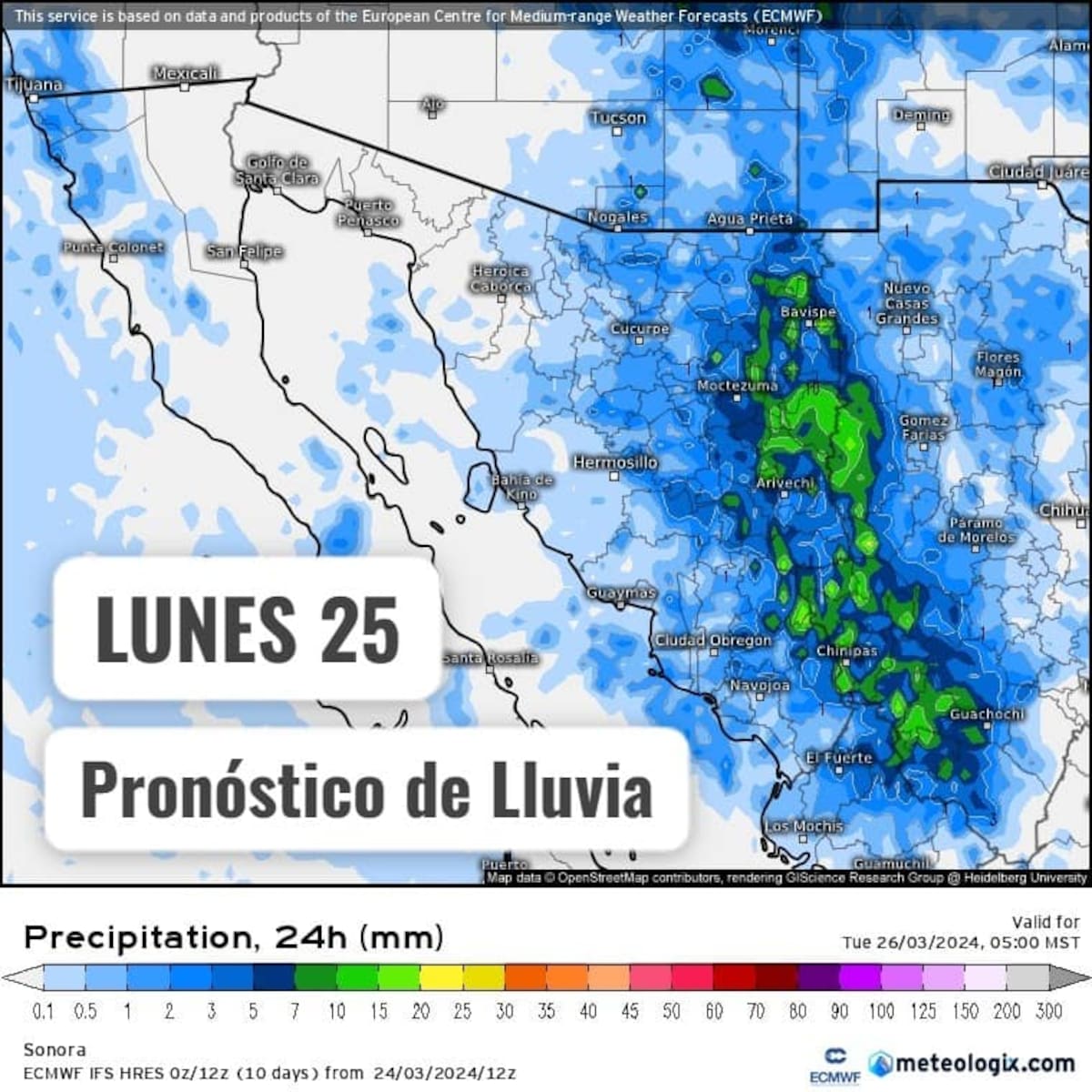 El pronóstico de probabilidad de lluvia, según meteologix.com; abajo se puede leer la cantidad según el color.