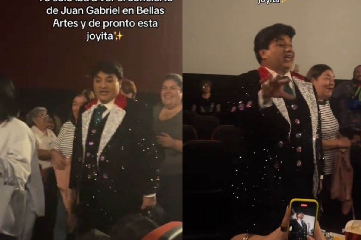 Hombre se disfraza de Juan Gabriel en la proyección de su concierto en el Palacio de Bellas Artes