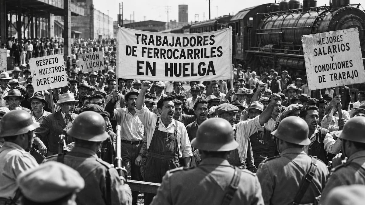 Recreación de una protesta de trabajadores ferrocarrileros durante la década de 1930. En mayo de 1936, unos 45 mil empleados del sector participaron en una huelga por demandas laborales, durante el gobierno de Lázaro Cárdenas. | Imagen generada con inteligencia artificial.