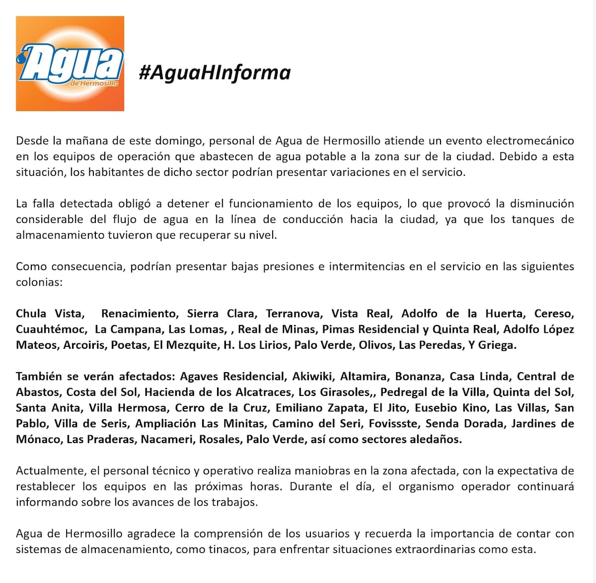 Crédito: X @aguahermosillo