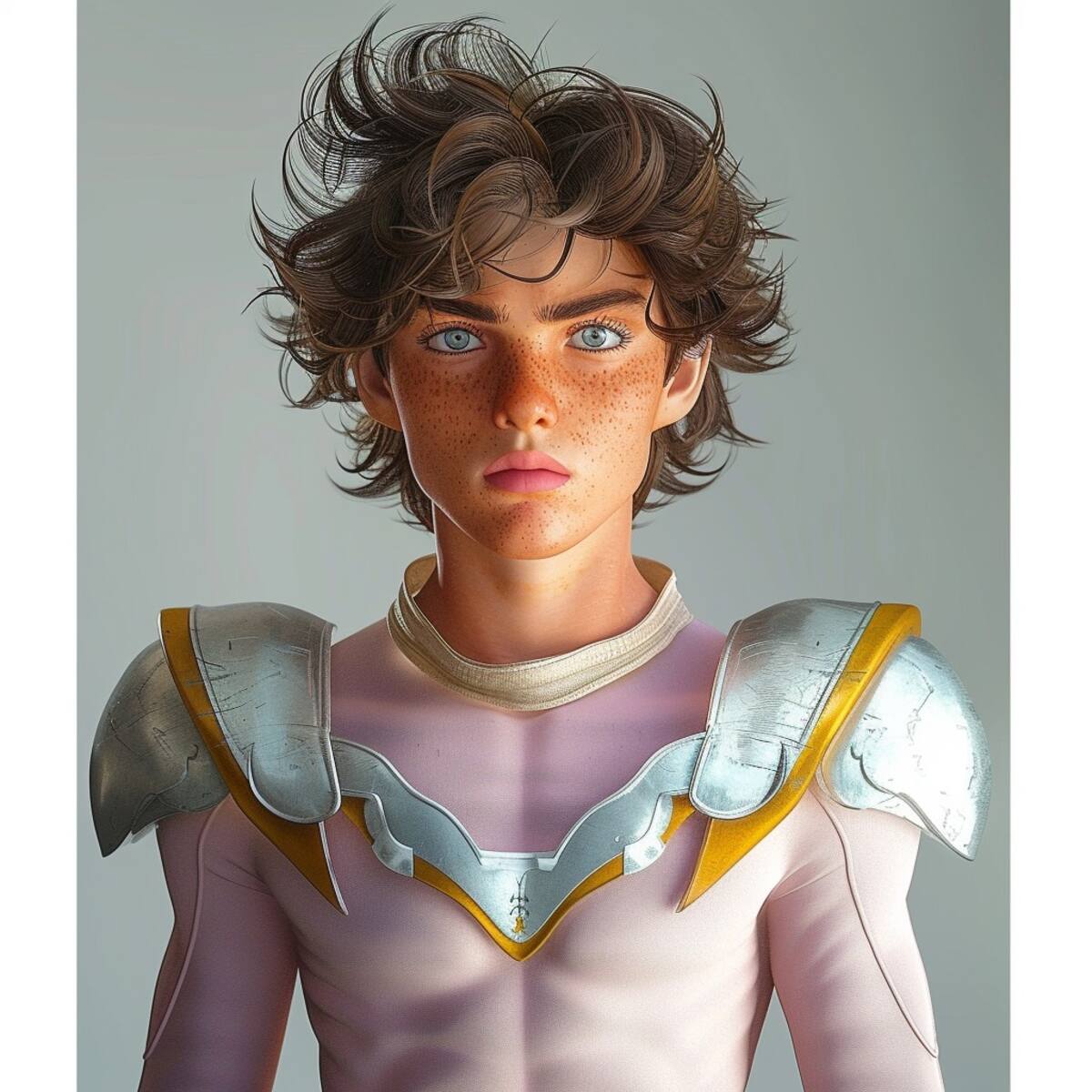 Descubre la magia detrás de la inteligencia artificial mientras da vida a Asterión, un joven hermoso con cabello que cambia de tono, ojos intensos y un atuendo rosa impactante.