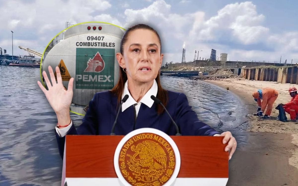 Tras derrame en Dos Bocas, Claudia Sheinbaum señala a barco como principal responsable; Pemex mantiene limpieza y autoridades investigan posible delito ambiental. | Crédito: El Universal/Especial