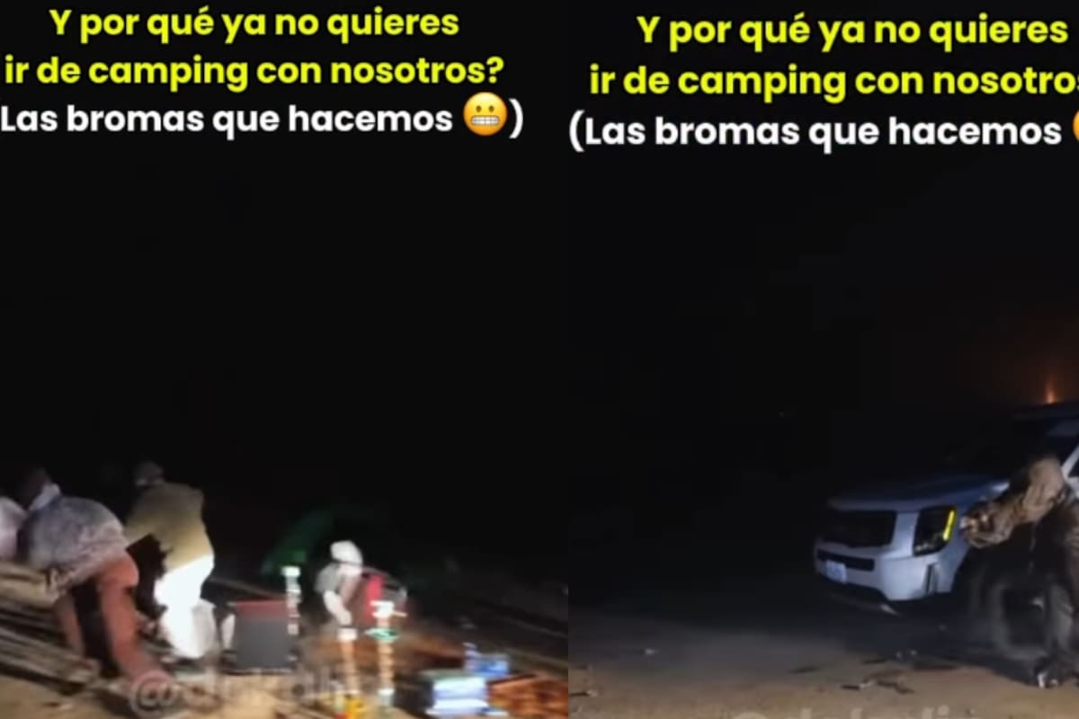 Amigos salen corriendo por sus vidas al ser sorprendidos por uno de ellos disfrazado de criatura espeluznante durante un campamento