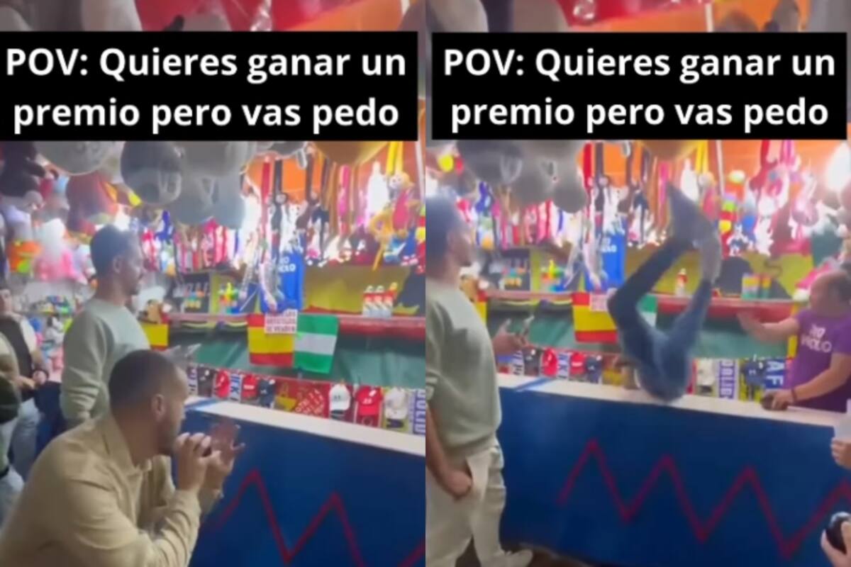 Hombre intenta ganar un premio en la feria, pero termina cayendo dentro del puesto de juego y golpeándose