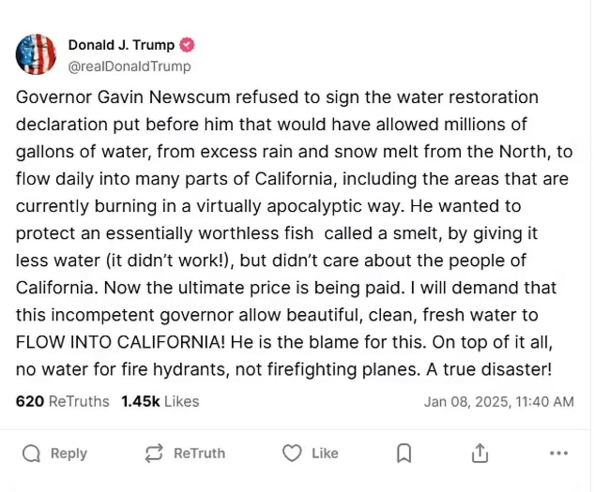 El expresidente Donald Trump también intervino, acusando al gobernador de California de negligencia. Foto: Captura de Pantalla / @realDonaldTrump en TruthSocial