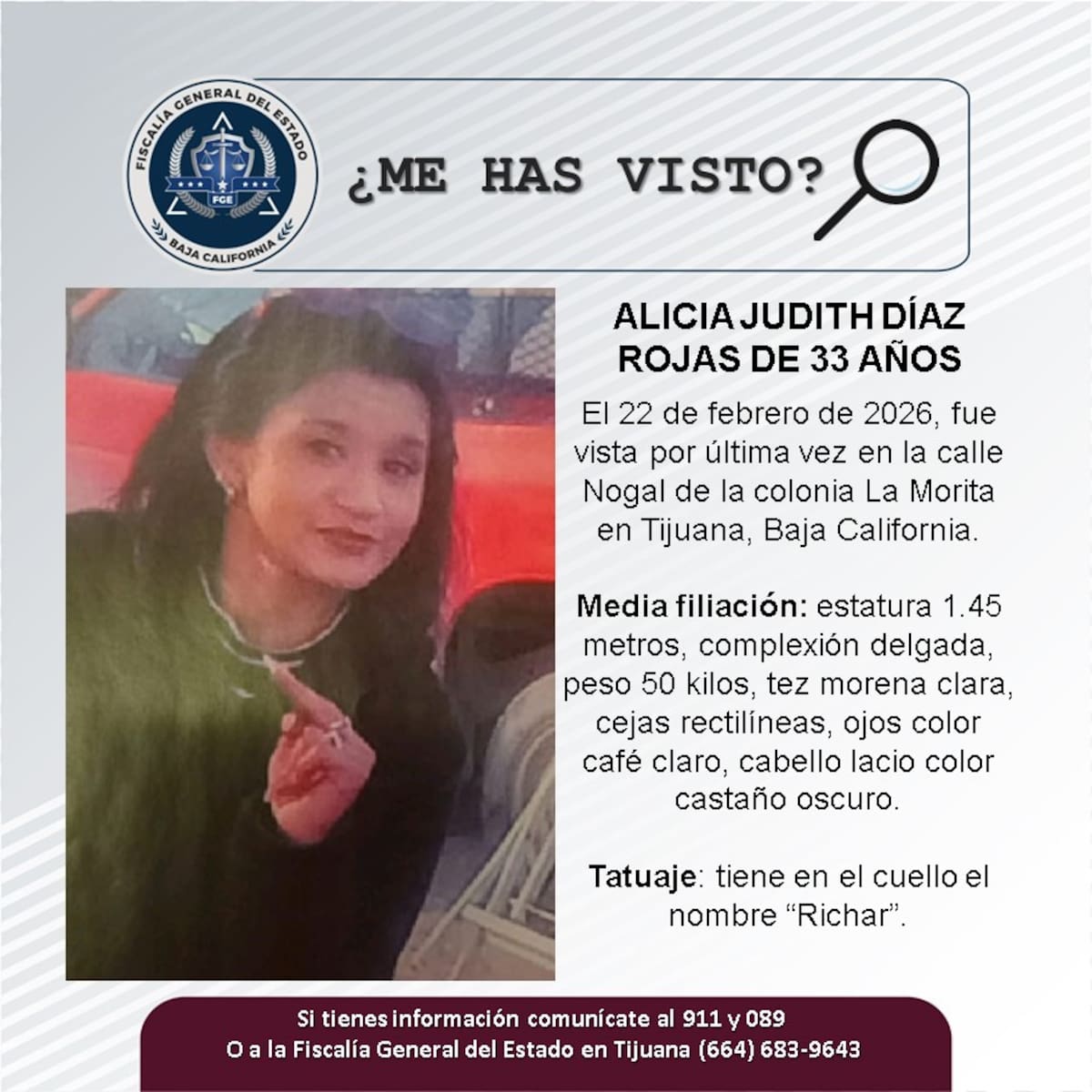 Fue vista por última vez el 8 de marzo de 2026.