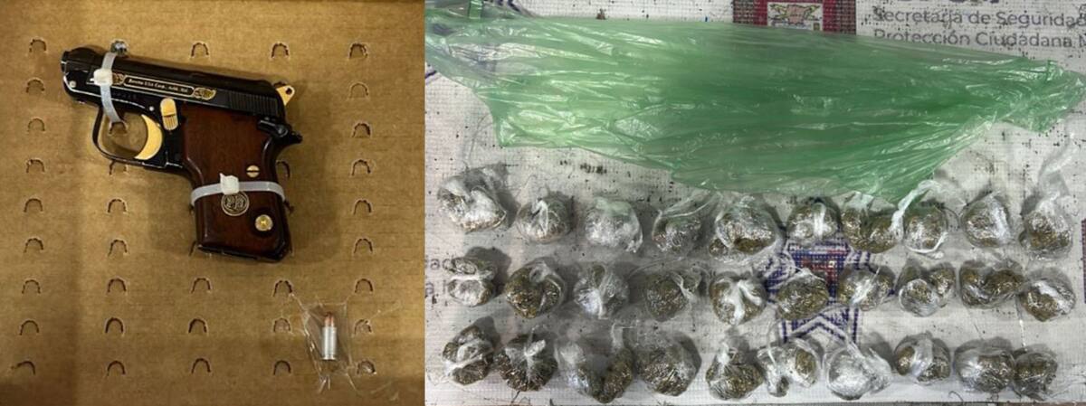 Al detenido le fue asegurada una pistola calibre .25, abastecida con un cartucho útil, así como 30 envoltorios de plástico que contenían mariguana.