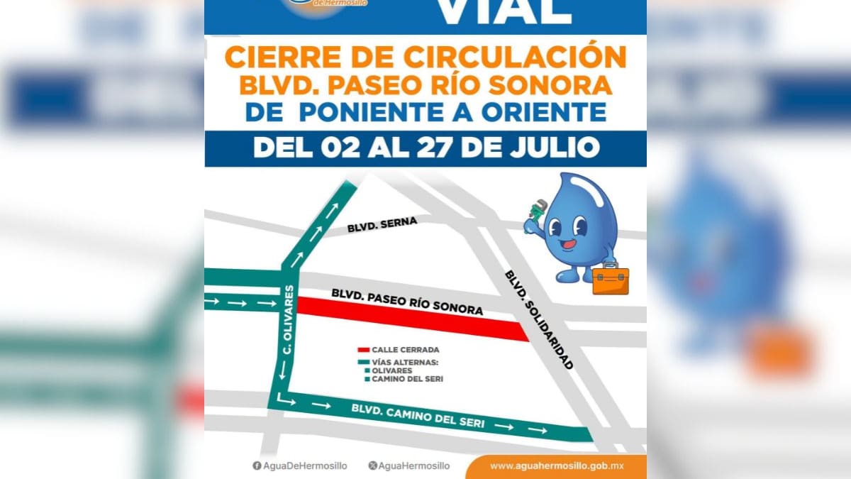 Agua de Hermosillo cerrará parcialmente el bulevar Río Sonora desde el 2 de julio por rehabilitación de colector sanitario