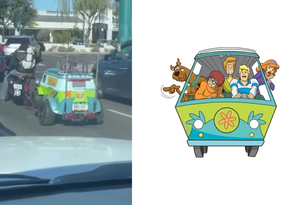“Viene con todo y placas”: Hombre se vuelve viral en el tráfico por mandar a hacer una camioneta idéntica a la de Scooby-Doo para su perrito