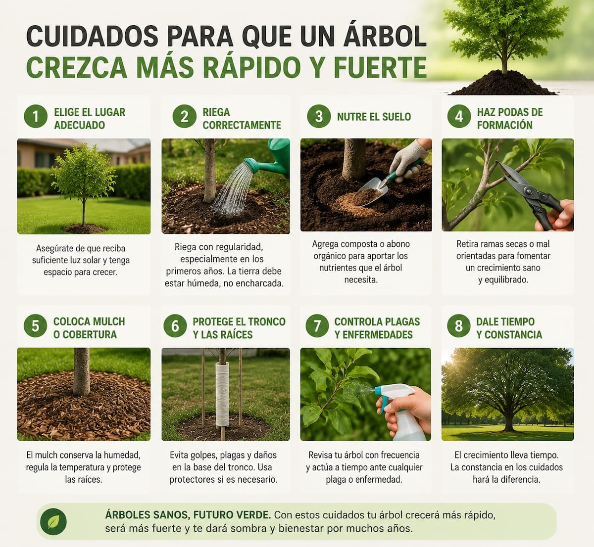 El riego adecuado, un suelo nutrido y la poda de formación son algunos de los cuidados que ayudan a que un árbol crezca sano y desarrolle una copa fuerte. | Imagen de ChatGPT