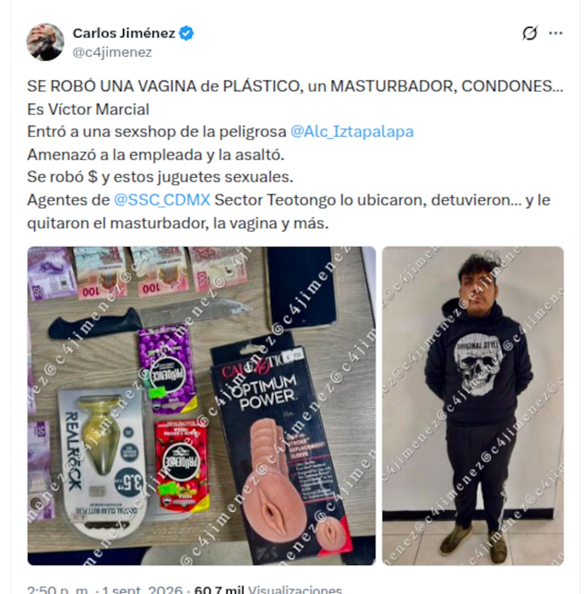Compartió algunas imágenes que el detenido amenazó a la empleada y asaltó la tienda. Se robó dinero y también juguetes sexuales, entre ellos una vagina de plástico, un masturbador y condones. Foto: Carlos Jimenez.