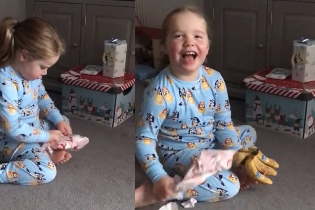 Niña se emociona en Navidad al recibir como regalo un racimo de plátanos