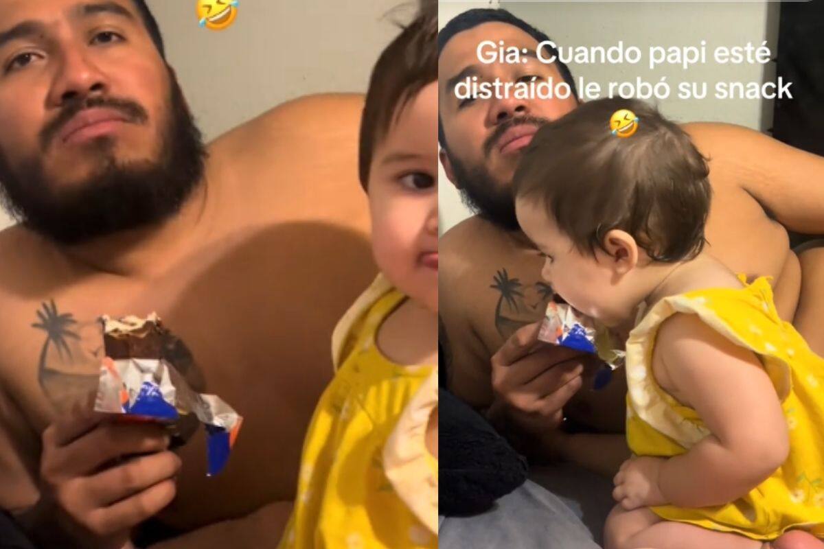 Bebé se come el chocolate de su papá cuando este se descuida y se hace viral