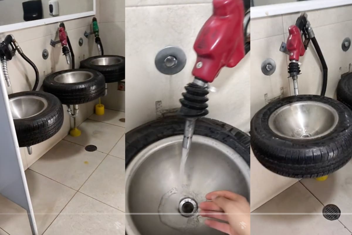 Conoce estos creativos lavabos de una gasolinera hechos con llantas y boquillas de combustible (VIDEO)