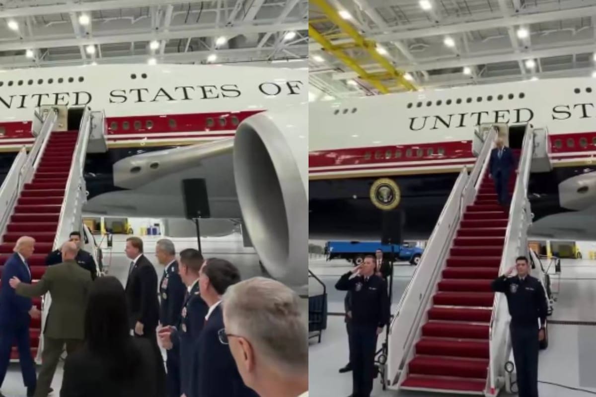 Nuevo Air Force One llega a la Base Conjunta Andrews y Trump baja de la aeronave por las escaleras para darle la bienvenida