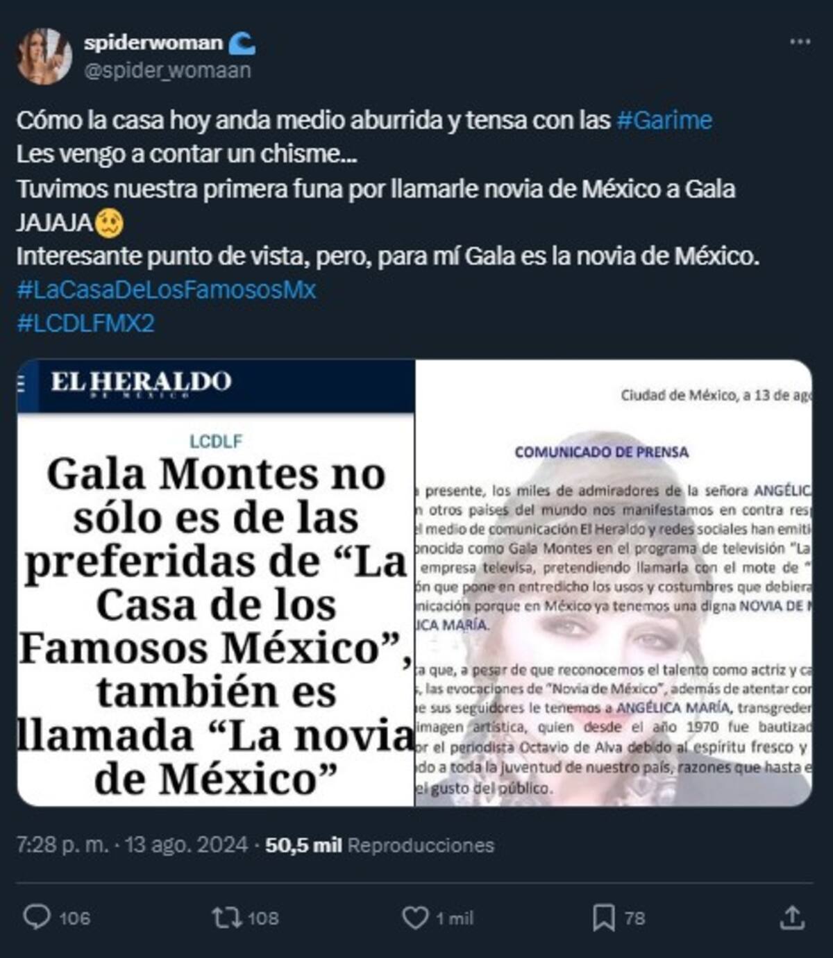 Fans de Gala Montes seguirán llamándola "La novia de México" / Cuenta de X: @spider_womaan