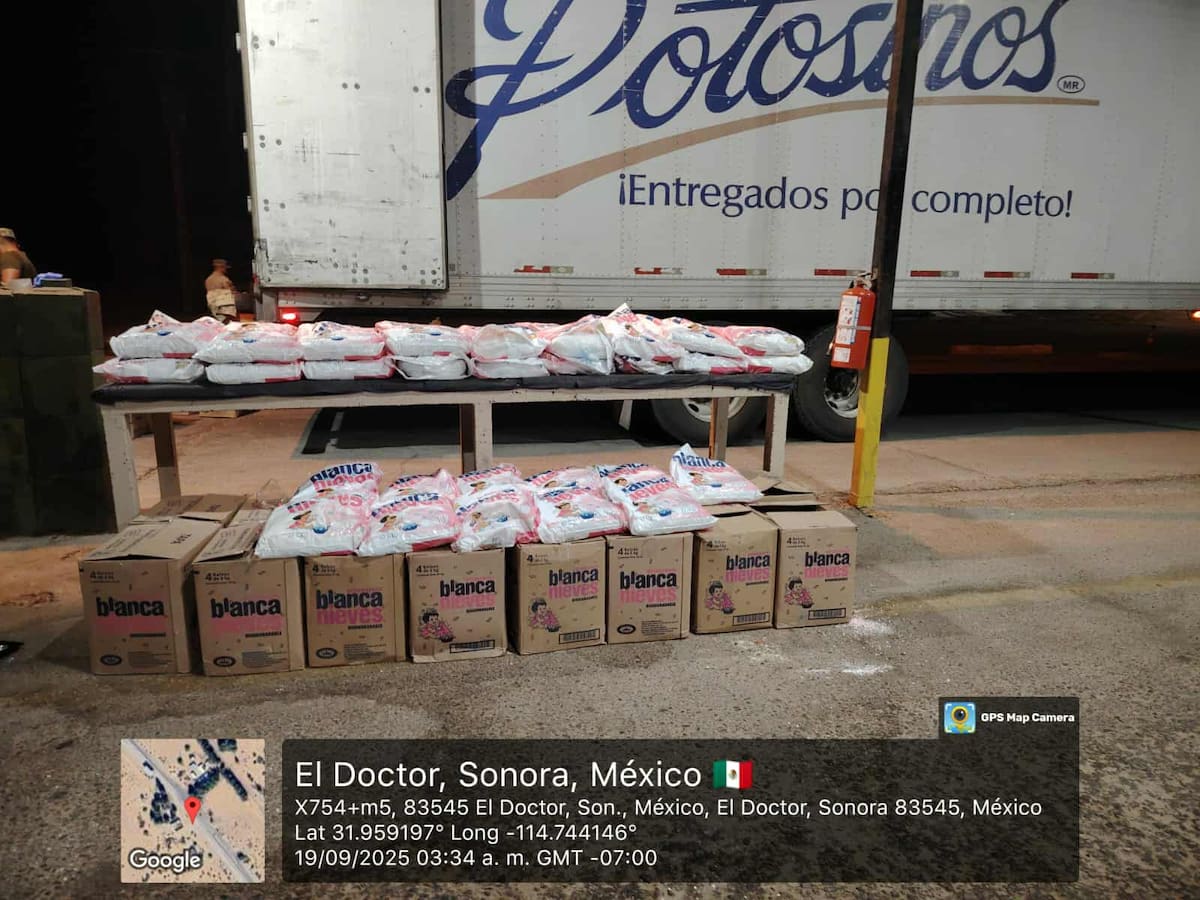 Elementos del Ejército Mexicano y la Guardia Nacional incautaron narcóticos ocultos en paquetes de detergente en San Luis Río Colorado.