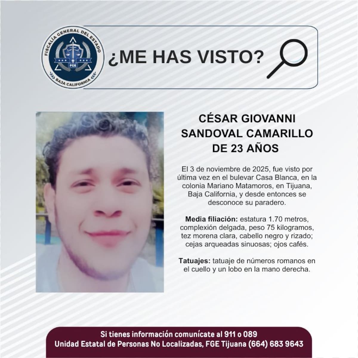 Fue visto por última vez el 3 de noviembre de 2025.